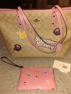 Disney X Coach Sleeping Beauty Signature Tote with Pink Trim and NWT Gems Bag